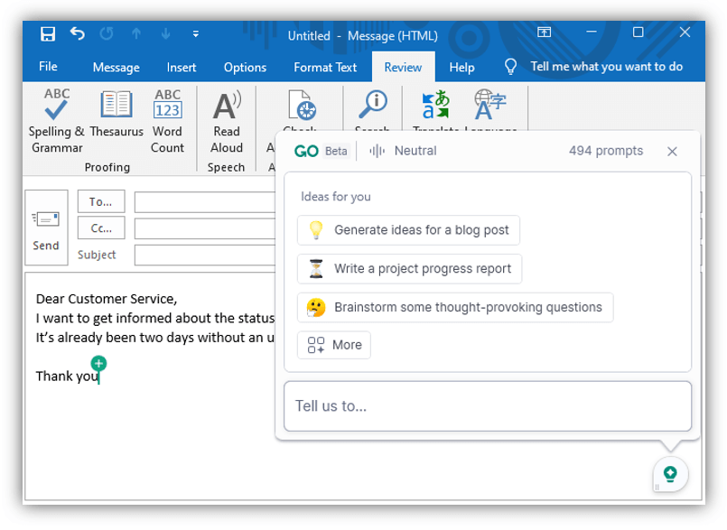 Grammarly Go Outlook